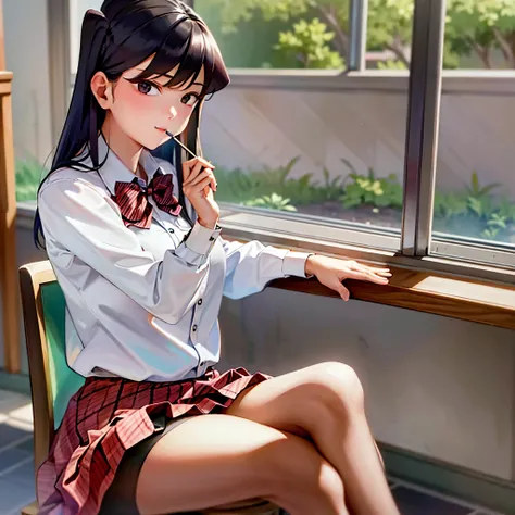 komiShouko, masterpiece, best quality, absurdres, 1girl, looking at viewer, v arms, pantyhose, classroom, school uniform, red skirt, red bow, blazer, window, sitting, chair, crowd,cross legs