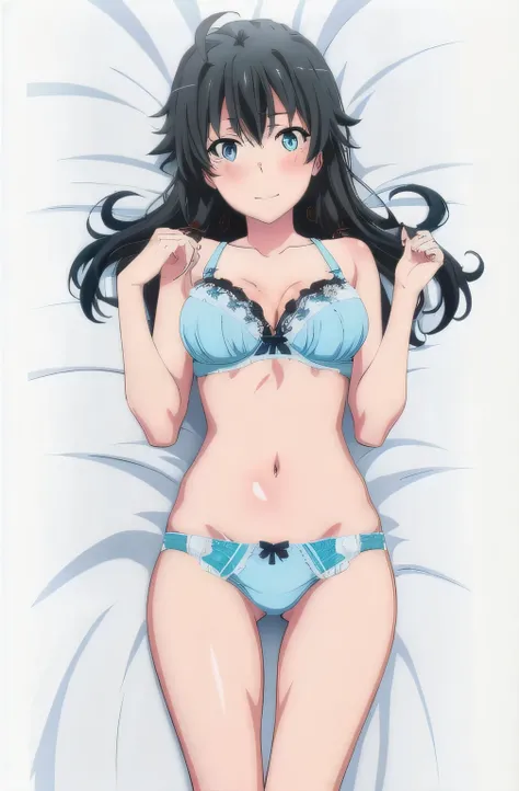 Yukinoshita Yukino , Body pillow,On my back,looking at camera,light blue lace bra,light blue panties,(NSFW),whole body,