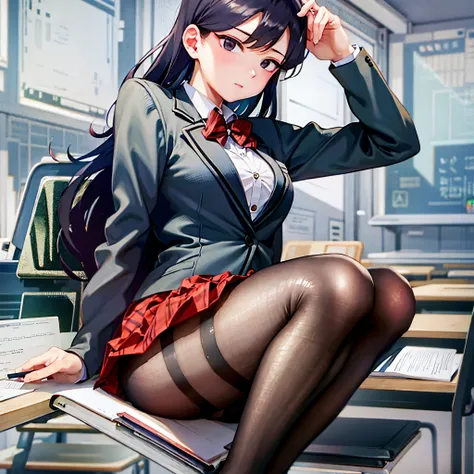 komiShouko, masterpiece, best quality, absurdres, 1girl, looking at viewer, v arms, pantyhose, classroom, school uniform, red skirt, red bow, blazer, window, sitting, chair, crowd,cross legs