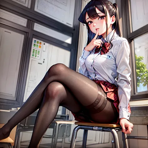 komiShouko, masterpiece, best quality, absurdres, 1girl, looking at viewer, v arms, pantyhose, classroom, school uniform, red skirt, red bow, blazer, window, sitting, chair, crowd,crossing legs