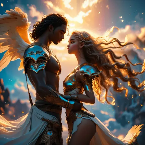 duo of warrior in a celestial landscape, young dark-skinned duo in their 20s, in hell, they are fighting each other, he is a prince of the fallen angels with long curly caramel hair, she is a mixed-race princess, she has freckles, she is blonde with grey e...