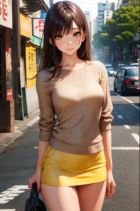 (Perfect Anatomy,top-quality、The ultra -The high-definition、hight resolution、extremely details CG、8K Unit Wallpapers),cowboy shot,portrait,1woman,solo,20 year old beauty,Japanese(Beautiful detailed eyes,brown eyes),shy,brown hair,long hair,bangs,medium bre...