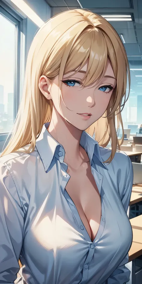 best quality, 4k resolution, portrait, elegant boss lady, fair skin, long straight hair, swept-side bang, [[[brown hair]]], blonde hair, office shirt, cleavage, office window, soft light, beautiful 