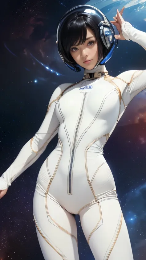 (masterpiece、highest quality、highest resolution、clear_image、Detailed details): (full body figure、15 year old girl、Japanese face、small face、thin、navy blue super short bob cut hair、blue colored eyes、((navy long sleeve space suit、space helmet))、headset、cosmic...