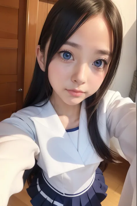 1girl, (solo), (selfie:1.5), (17 years old), ((beautiful anime eyes with fine detail)), realistic skin, sailor suit