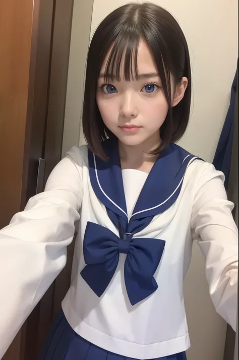 1girl, (solo), (selfie:1.5), (17 years old), ((beautiful anime eyes with fine detail)), realistic skin, sailor suit