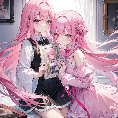 a boy looking and holding a girl picture frame (the girl have pink long hair)