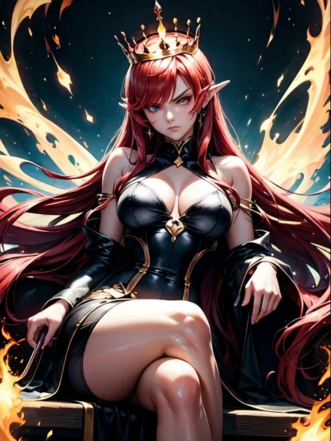 (fire queen, long hair, red hair, glowing hair, glowing eyes, serious face), crossed legs, sexy, looking at you