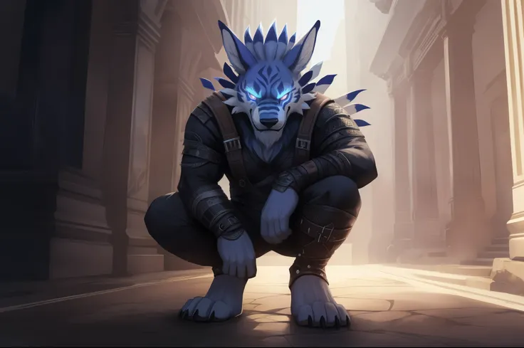 (((Barefoot furry character, full body, cinematic setting, furry male))) 
Barefoot hypnotised WereGarurumon wears ((black ninja suit)), tebowing, detailed paws with claws, blue fur, in a trance, a look of weak resistance to hypnosis on his face, drooling, ...