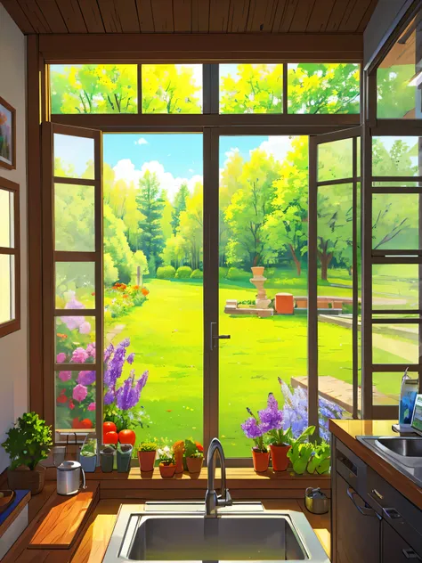 kitchen with vegetables, flower park and trees view from window, sparkling, vibrant colors ,highly detailed, highly sharpened, m...