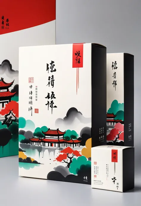 Product packaging design,packaging box,mail order box,printing:Geometric abstract ink,Describe the Jiangnan landscape architectural complex,Wu Guanzhongs style is an artistic expression that merges traditional Chinese ink techniques with Western painting c...