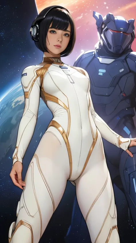 (masterpiece、highest quality、highest resolution、clear_image、Detailed details): (full body figure、15 year old girl、Japanese face、small face、thin、navy blue super short bob cut hair、blue colored eyes、((navy long sleeve space suit、space helmet))、headset、cosmic...