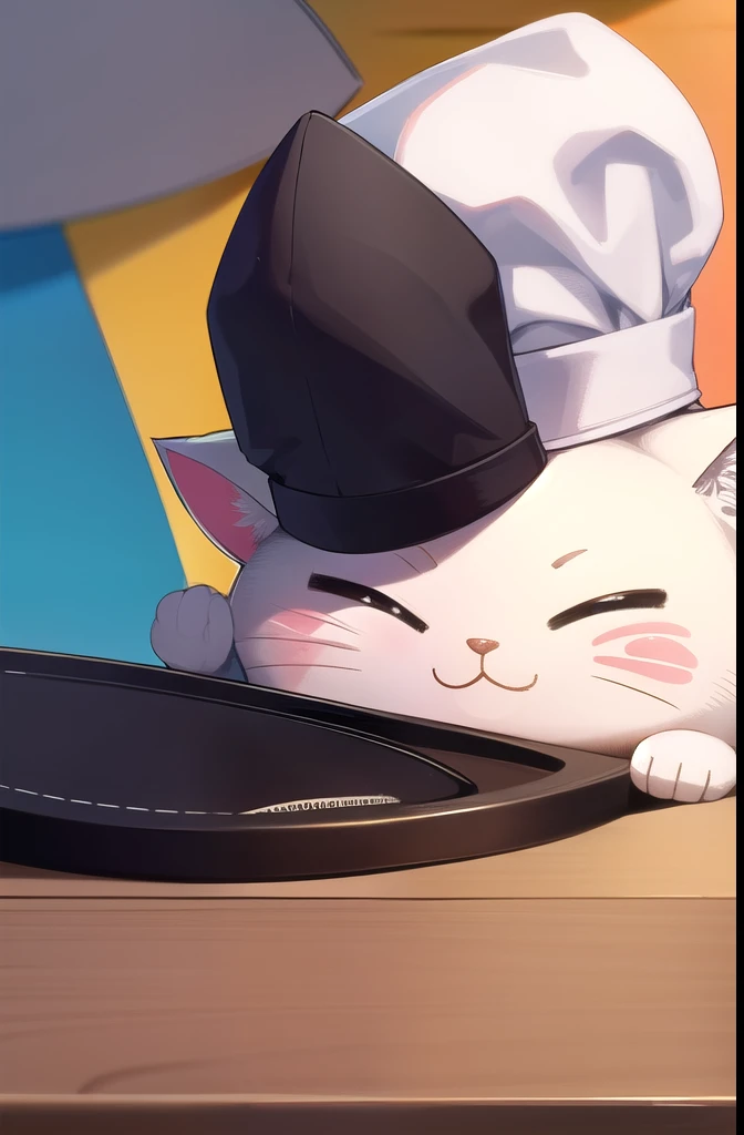 Gatito esponjoso kawaii sonriendo adorable con un sombrero de chef 