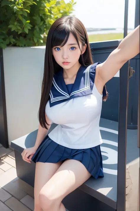 1girl, (solo), (selfie), (17 years old), huge breast:1.4, ((beautiful anime eyes with fine detail)), realistic skin, sailor suit, (Navy blue pleated miniskirt), beauty of slender female legs