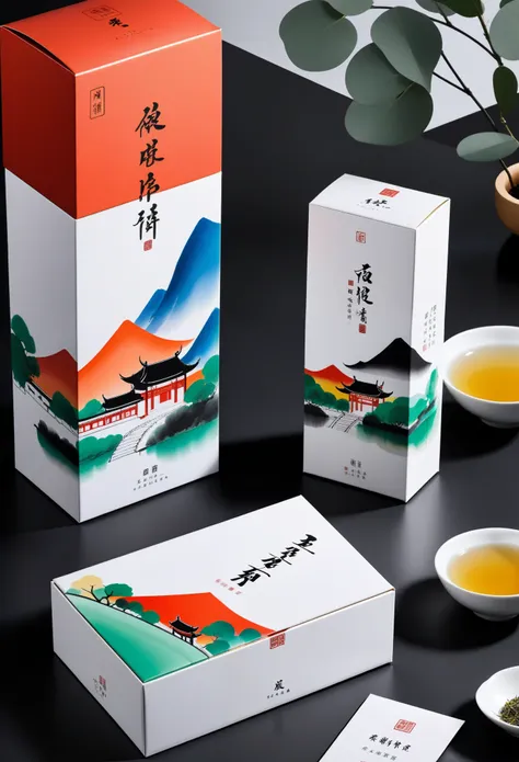 tea product packaging design，packaging box，mail order box，printing：geometric abstract ink，describe the jiangnan landscape archit...