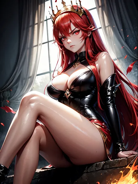 (fire queen, long hair, red hair, glowing hair, glowing eyes, serious face), sitting, sexy, looking at you