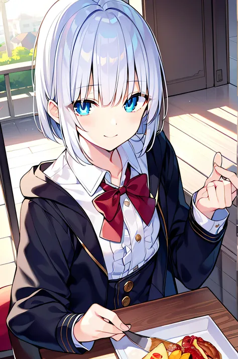 detectivelunch break, smile, short hair, bangs, blue eyes, shirt, hair accessories, long sleeves, skirt, bow, white hair, hairpi...