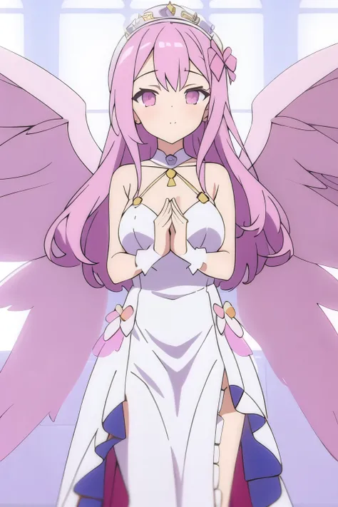 1girl,wings,knee,Embrace chest with both hands,full body,long dress,white pink theme,(((masterpiece,best quality))),((good structure)),((Good composition)), ((clear, original,beautiful))
