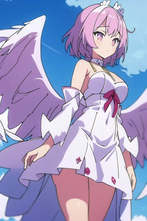 1girl,wings,knee,Embrace chest with both hands,full body,long dress,white pink theme,(((masterpiece,best quality))),((good structure)),((Good composition)), ((clear, original,beautiful))
