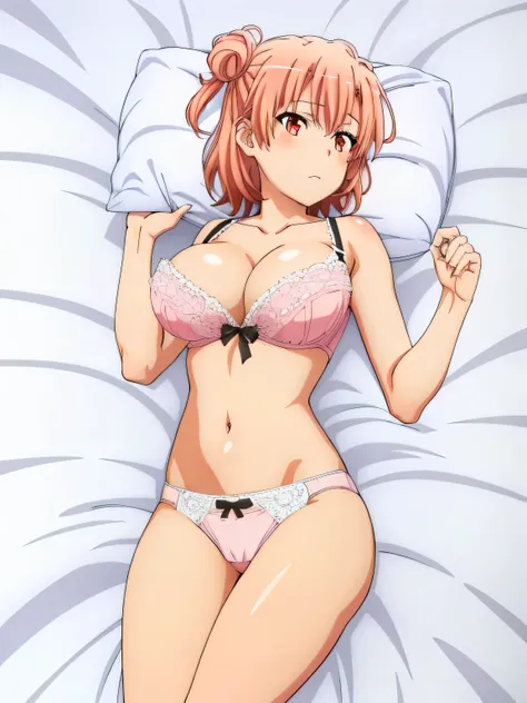 1 girl,((Yuigahama Yui) , Body pillow , underwear,white lace pink panties,high leg panties,big breasts,pink good,thighs,calf,whole body