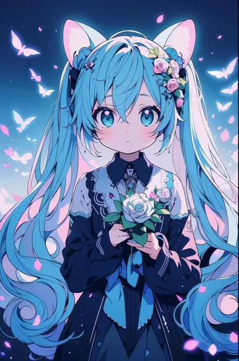 face focus, masterpiece, highest quality, 1 girl, hatsune miku, White Rose, petal, night background, fire Fly, particles of light, alone, Twin-tailed aqua hair, aqua eye, Are standing, pixiv, Depth of the bounds written, cinematic composition, best lightin...