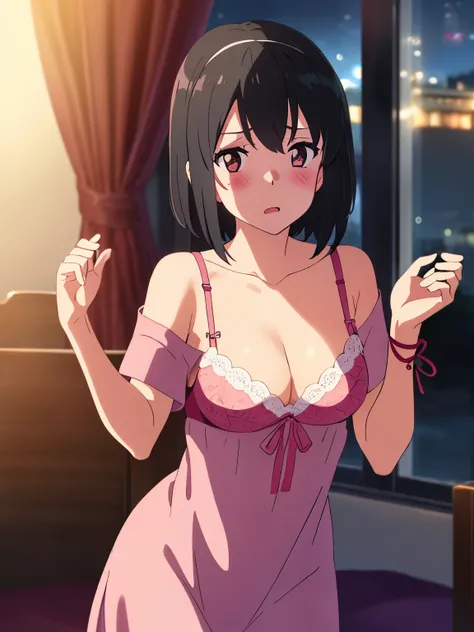 1girl, bangs, black hair, blush, brown eyes, red headband, red ribbon, short hair, off shoulder, bra strap, off shoulder, light pink dress, cleavage, open mouth, medium breasts, bedroom, night, perfect anatomy, sexy pose, looking at the viewer, solo, cowbo...