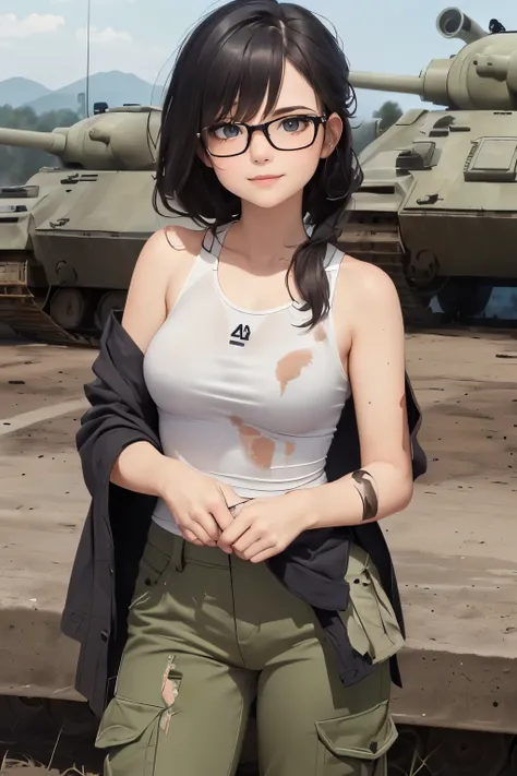 ((wide angle image)), beautiful female veteran, black hair in a ponytail, bangs, wearing large glasses, covering a wound, injured, smiling confidently, (((wearing a white military tank top, layered with a ww2 Oversized military shirt , wearing ww2 military...