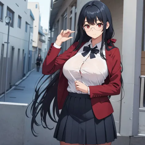 a woman in school clothes, outside of school, cute face, red eyes, big breasts.