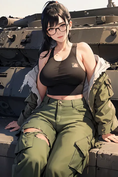 ((wide angle image)), beautiful female veteran, black hair in a ponytail, bangs, wearing large glasses, covering a wound, injured, smiling confidently, (((wearing a white military tank top, layered with a ww2 Oversized military shirt , wearing ww2 military...