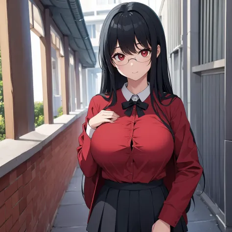 a woman with red school clothes, long black hair, outside of school, cute face, red eyes, big breasts.