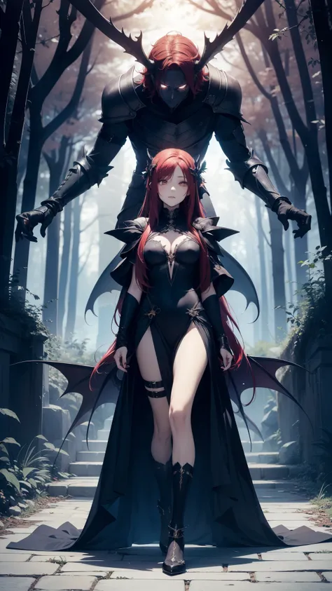 Masterpiece, 1girl, (daemon-like girl with red hair and girl dark skin and 2 horns)), full body, knight and lady, fantasy, closed mouth, detailed, enchanted dark forest, dark fairy tale, unconditional love, emotional connection