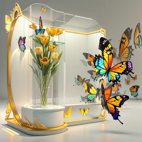 3.5m butterfly acrylic display device，3D modeling，full view，actual，tulip，Rendering suitable for commercial exhibition displays