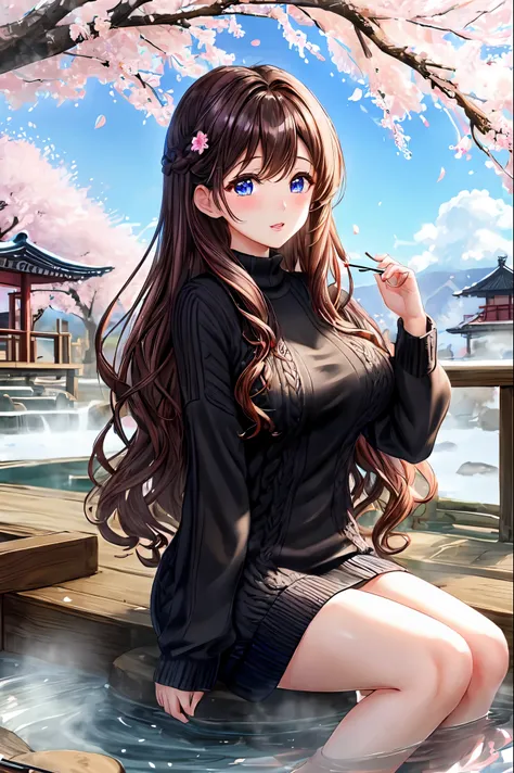 One female、brown hair、curly hair、blue eyes、dense lips、Black knitted clothing、beautiful breasts、hot spring town、crowded、cherry blossoms、cherry blossoms吹雪、sunlight、masterpiece、ultra high resolution、perfect lighting、16K