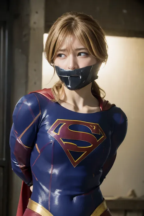 perfect supergirl costume,sleeping face,close ~ eyes,face of suffering,sky face,scar on face、bruises on the face,blood oozes、sle...