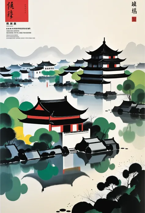 magazine cover，printing：geometric abstract ink，describe the jiangnan landscape architectural complex，wu guanzhong's style is an ...