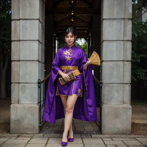 young girl with short green hair Wearing a purple-green traditional Chinese costume and holding a fan. Wear black calves, purple shoes.