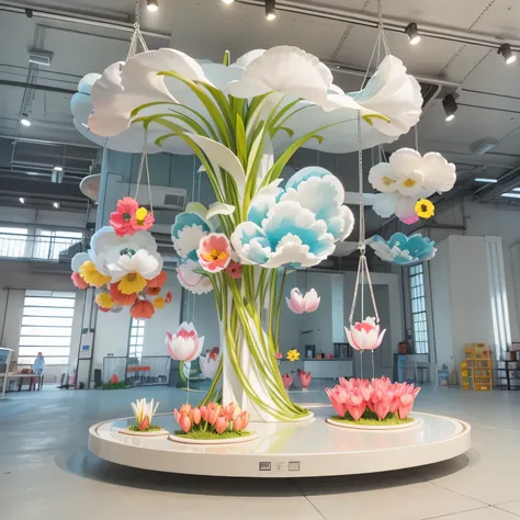 3.5-meter cloud acrylic swing display device，swing on the platform，Next to the platform are fiberglass tulips，3D modeling，，full view，actual，Decorated with cartoon fiberglass sculptures，Rendering suitable for commercial exhibition displays