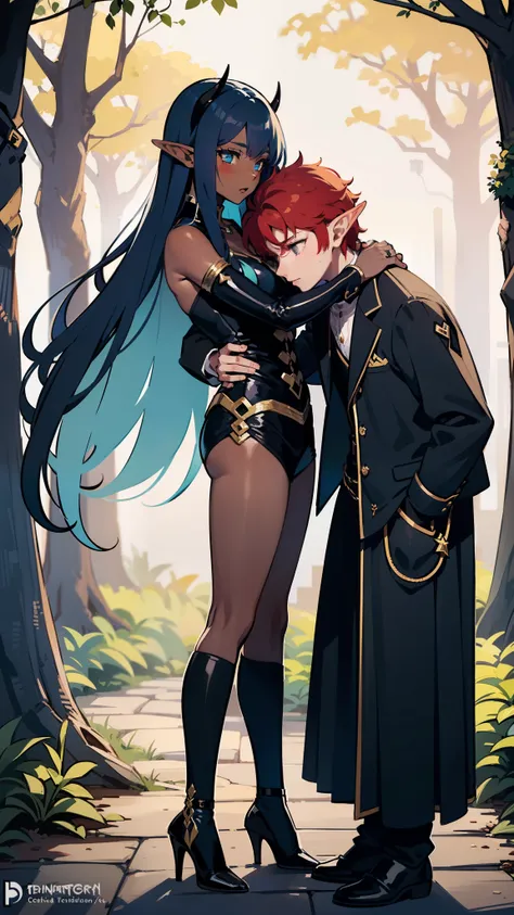 2others, couple, 1boy with 1girl, (Height difference1.3), ((elf boy) with (blue hair color)), (daemon-like girl with (red hair and girl dark skin and 2 horns)), (boy defending girl:1.25), (girl hugs boy), full body, knight and lady, fantasy, closed mouth, ...