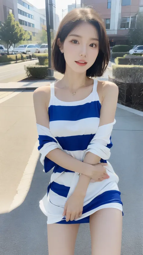 individual，young girl，24 years old, blue and white striped summer dress，fine hair, detailed faces, short hair details, beauty ma...