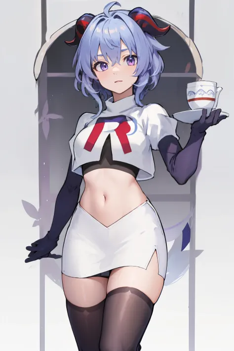 ganyudef, violet eyes,short hair, light blue hair, horns on head, neck bell,team rocket,team rocket uniform, red letter R, white skirt,white crop top,black thigh-highs,black elbow gloves