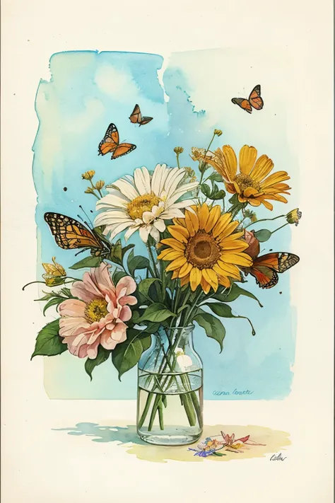 Picture of flowers with butterflies in watercolor lines, clear drawing, vintage style.