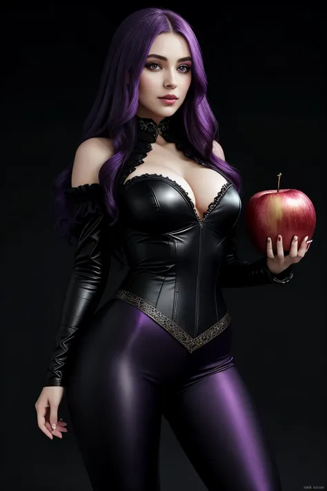 In the realm of dark fantasy, a captivating book cover unfolds, showcasing a seductive woman with alluring purple-highlighted hair. Clad in an enchanting outfit that embodies the essence of a sexy witch, she gracefully holds an apple, the symbol of enticem...