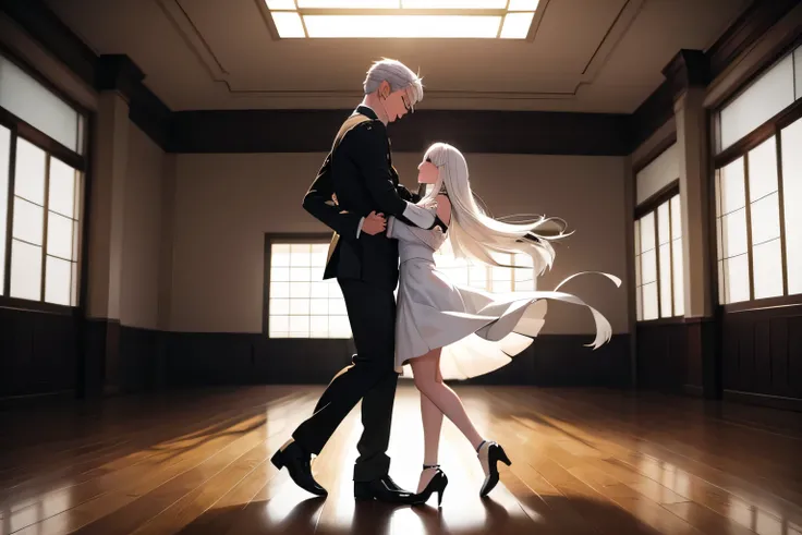 white-haired man dancing with long black-haired girl in empty room