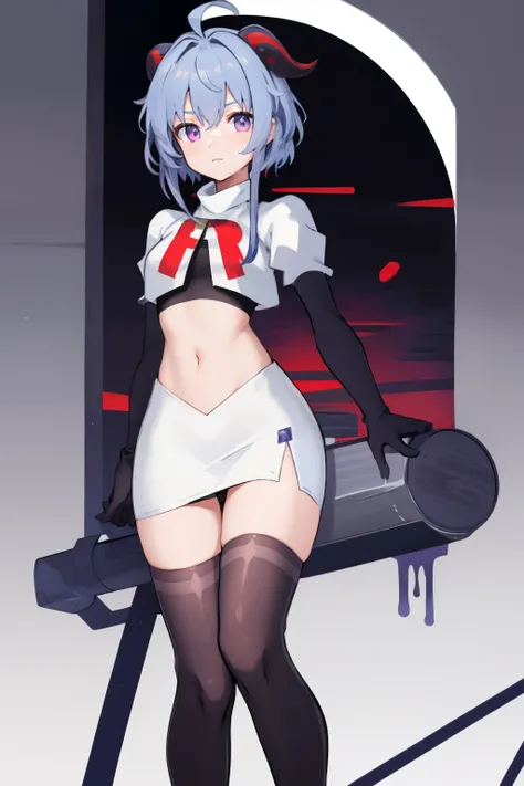 ganyudef, violet eyes,short hair, light blue hair, horns on head, neck bell,team rocket,team rocket uniform, red letter R, white skirt,white crop top,black thigh-highs,black elbow gloves