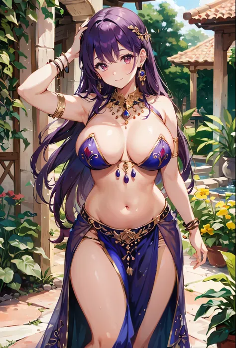 high quality, ultra detailed, best quality, insanely detailed, beautiful, masterpiece, 1girl, garden, medieval Europe, cowboy shot, red eyes, long hair, light purple hair, (belly dancer, harem outfit, pelvic curtain:1.2), purple costume, bare legs, circlet...