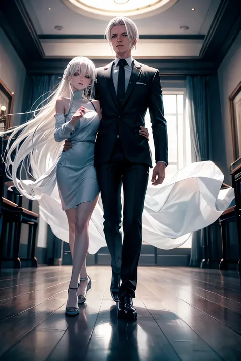 white-haired man dancing with a girl with long black hair in an empty hall