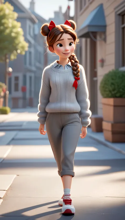 3D character from Disney animation, Pixar style,whole body，Walking happily，red bow，Gray soft sweater and furry slacks，with braids，white shoes，clean background.cinnamic lighting, ray tracing, high details, 3d render 