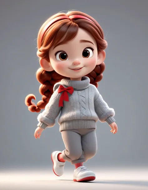 3d character from disney animation, pixar style,whole body，walking happily，red bow，gray soft sweater and furry slacks，with braid...