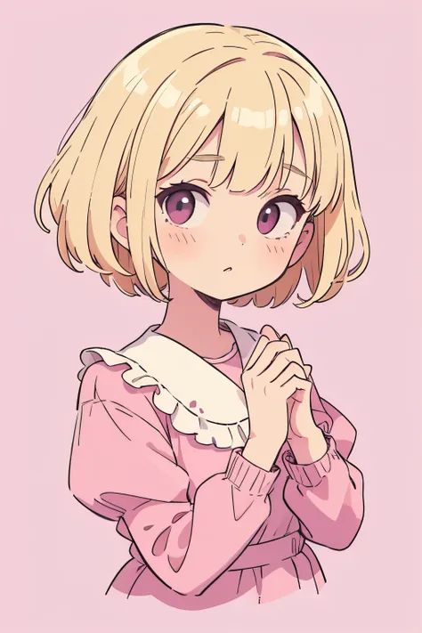 1 girl, blonde, short hair, upper body, big face, pink clothes, simple background