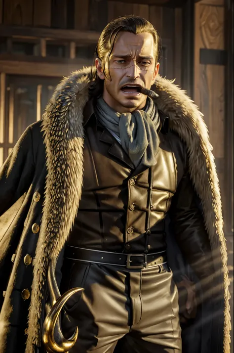 masterpiece, best quality, extremely detailed, hyperrealistic, photorealistic, a cool 40s man, ultra detailed face:1.1, fur-trimmed coat, scarf around the neck, his left hand is a golden pirate hook:1.1, yelling
